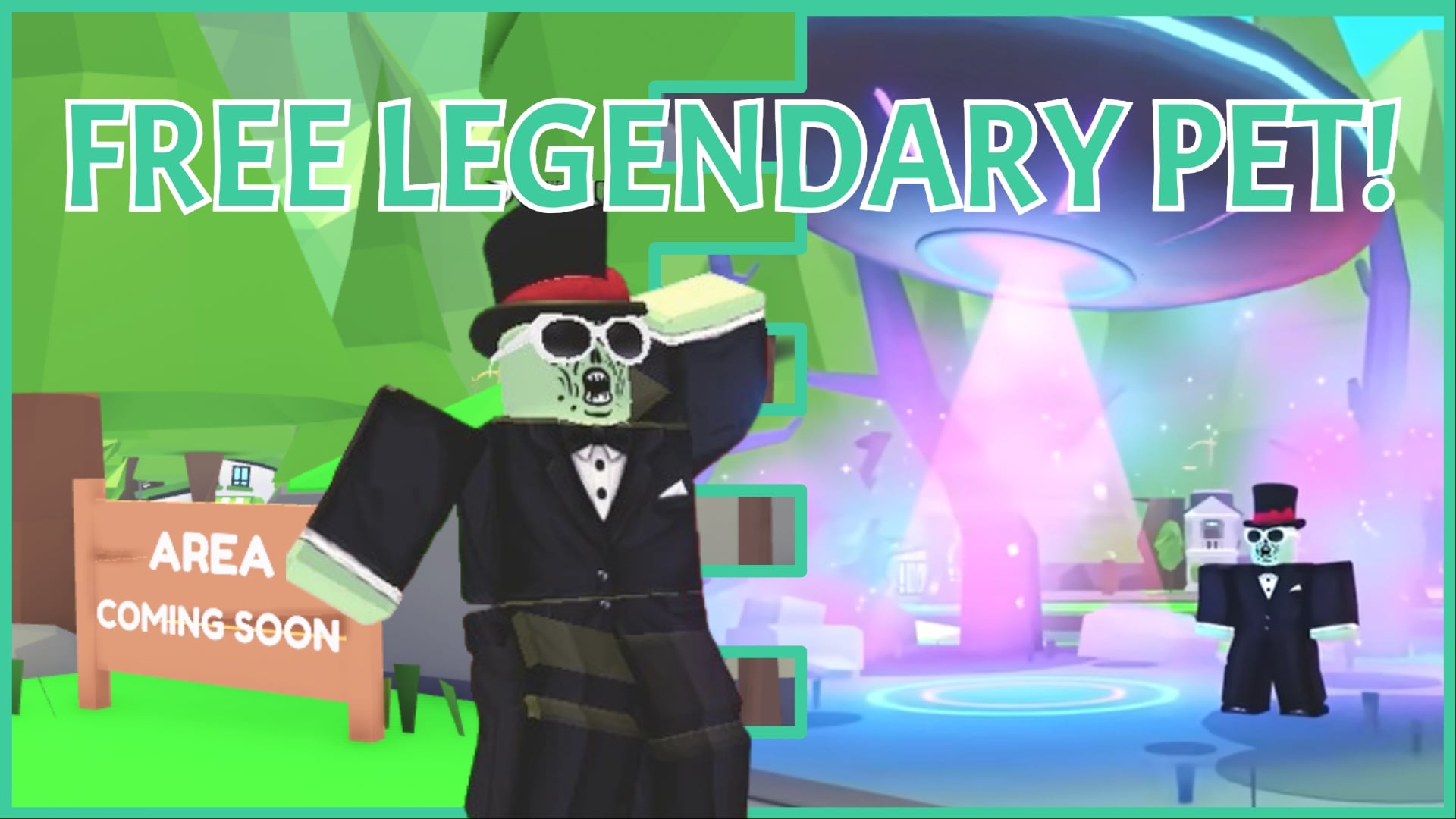 Feature iamge for our how to get seans secret pet in adopt me guide showing a collage of the alien next to his floating UFO, and a mound of grassy hill with a sisngpost hinting at his arrival soon