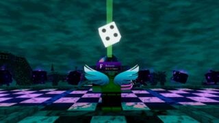 Screenshot from Nullscape, showing a player character standing in front of a Chance Altar, a pillar with a floating white six-sided dice on top. Screenshot from Nullscape, showing a player character standing in front of a Chance Altar, a pillar with a floating white six-sided dice on top.
