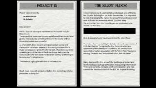 Screenshot of the pages inside the secret file in Mulberry County. It shows two pages on a black background. The transcript of the text is included in the body text below.