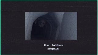Screenshot from the Mulberry County secret tape. It shows a grain image of a distorted humanoid in a dark, narrow corridor, labelled 'fallen angels'. Screenshot from the Mulberry County secret tape. It shows a grain image of a distorted humanoid in a dark, narrow corridor, labelled 'fallen angels'.