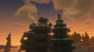 Screenshot form inside modded Minecraft, with an entity that resembles a corrupted Steve modek with glowing red eyes watches the player from the top of a pine tree. Screenshot form inside modded Minecraft, with an entity that resembles a corrupted Steve modek with glowing red eyes watches the player from the top of a pine tree.