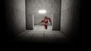 A screenshot from Ear Game showing an enemy, a white ape with chainsaws in place of its hands. A screenshot from Ear Game showing an enemy, a white ape with chainsaws in place of its hands.