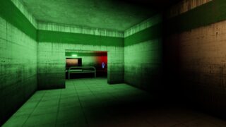 An in-game screenshot showing a view of Ear Game's Level 4. It's a large chamber lit with green light. There's a deep bit in the next room with a railing across from it. A Radar highlights an enemy in the distance. An in-game screenshot showing a view of Ear Game's Level 4. It's a large chamber lit with green light. There's a deep bit in the next room with a railing across from it. A Radar highlights an enemy in the distance.