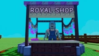 Screenshot from the Grow A Garden Bizzy Bees event, showing the Royal Jelly stall. It's a blue and purple stall, run by an NPC with blue skin and hair, and blue overalls.