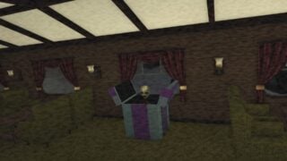 Screenshot from Hell Rails, showing The Puppet, a creepy figure with an outsized, mask-like head and a spindly body. It's peeking its head and shoulders out of a large box that looks like a gift box.