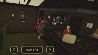 Screenshot from Hell Rails. It shows a view through the CCTV in-game, showing a customer facing the bar, the woman appears to have four large spikes sticking out of her back.