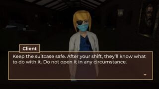 Screenshot from Hell Rails showing The Doctor NPC. The character resembles a woman in a white coat, medical scrubs, and a surgical mask. Her blonde hair is tied into a bun. She has an eyepatch over one eye, and is missing one hand, with a blood sleeve left behind.