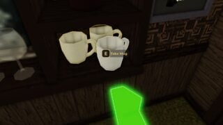Screenshot from Hell Rails: The Scary Train. It shows a player's view of the cups at the bar, with a green arrow pointing towards them.