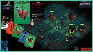 The core gameplay of The Vow: Vampire's Curse, featuring a deck of cards as Richard and his allies stand on the tile-based map, protecting various buildings and structures. The core gameplay of The Vow: Vampire's Curse, featuring a deck of cards as Richard and his allies stand on the tile-based map, protecting various buildings and structures.