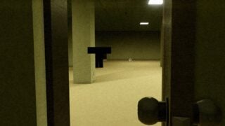 Screenshot from Unseen Liminality, showing a Mimic enemy. It resembles a player model peering out from behind a pillar. The face of the player has been censored out with a censor bar.