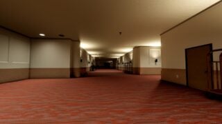 Screenshot from Unseen Liminality from the Hotel area. It shows a deserted hotel corridor, with cream-coloured walls, and a patterned red carpet. The end of the hallway is shrouded in darkness.