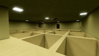 Screenshot from Unseen Liminality's lobby area. It shows a large carpeted room, something like an empty office building. The ceiling is lit with bar lights. The floor drops into several large, square pits, leaving a small grid of floor. There is a door in the other side.