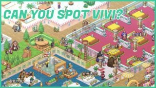 image shows the game itself from a top-down view with many themed rooms and characters walking between them