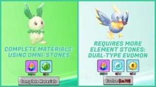 image shows two evolution examples as mentioned in the section related to this image placement. The first evomon requires omni-stones, and the second is a dual-type with two element stone types needed