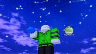 Screenshot from Grow A Garden, showing a player character dressed in green during a Starfall event. Behind them is a sky full of stars, constellations, and falling meteors. The player avatar is holding up a blueberry. Screenshot from Grow A Garden, showing a player character dressed in green during a Starfall event. Behind them is a sky full of stars, constellations, and falling meteors. The player avatar is holding up a blueberry.