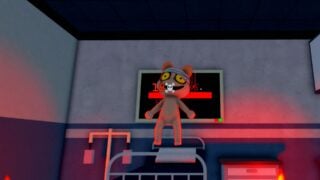 Screenshot from Animal Hospital showing a Death Ritual event. It shows the inside of a Treatment Room, lit with an eerie red light. The screen on the wall appears corrupted with red writing and symbols scrolling across it. The patient, a yellow bear NPC with a bandage around their head, is floating above the bed, with wide yellow eyes and a creepy grin. Several candle flames can be seen at the bottom. Screenshot from Animal Hospital showing a Death Ritual event. It shows the inside of a Treatment Room, lit with an eerie red light. The screen on the wall appears corrupted with red writing and symbols scrolling across it. The patient, a yellow bear NPC with a bandage around their head, is floating above the bed, with wide yellow eyes and a creepy grin. Several candle flames can be seen at the bottom.