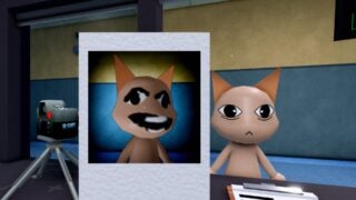 Screenshot from Animal Hospital showing a player viewing a patient photograph. The NPC, a yellow cat with a frowning space, stands in front of the window. The photograph shows their face as distorted, with a grinning face with teeth out of alignment. Screenshot from Animal Hospital showing a player viewing a patient photograph. The NPC, a yellow cat with a frowning space, stands in front of the window. The photograph shows their face as distorted, with a grinning face with teeth out of alignment.