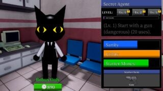 Screenshot from Animal Hospital showing a the Secret Agent class, a black cat with no visible nose or mouth, and wide yellow eyes. Screenshot from Animal Hospital showing a the Secret Agent class, a black cat with no visible nose or mouth, and wide yellow eyes.