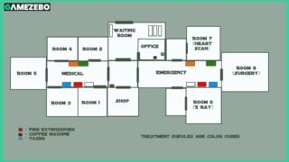 A map (made by us at GZ) of the Animal Hospital, with a top-down view displaying the different rooms, and color coded icons to indicate features like fire extinguisher, coffee machine, a treatment shelves. A map (made by us at GZ) of the Animal Hospital, with a top-down view displaying the different rooms, and color coded icons to indicate features like fire extinguisher, coffee machine, a treatment shelves.