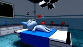 Screenshot from Animal Hospital showing a Surgery round. A blue cat NPC lies on an operative table, eyes closed and snoring. A skull icon and countdown appear over the character. Various items like a medkit and some scissors sit on a worktop nearby. Screenshot from Animal Hospital showing a Surgery round. A blue cat NPC lies on an operative table, eyes closed and snoring. A skull icon and countdown appear over the character. Various items like a medkit and some scissors sit on a worktop nearby.