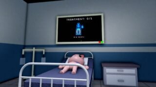 Screenshot from Animal Hospital showing a patient, a pink cat, lying on a bed in a Treatment Room. The main screen over the bed reads that the patient needs Eyedrops. Screenshot from Animal Hospital showing a patient, a pink cat, lying on a bed in a Treatment Room. The main screen over the bed reads that the patient needs Eyedrops.