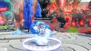 Screenshot from Anime Expeditions showing the codes NPC Razorjaw (Hunter), a figure with blue hair and white clothes, wearing a jaw mark over the bottom of his face. He's standing in a paved square surrounded by trees.